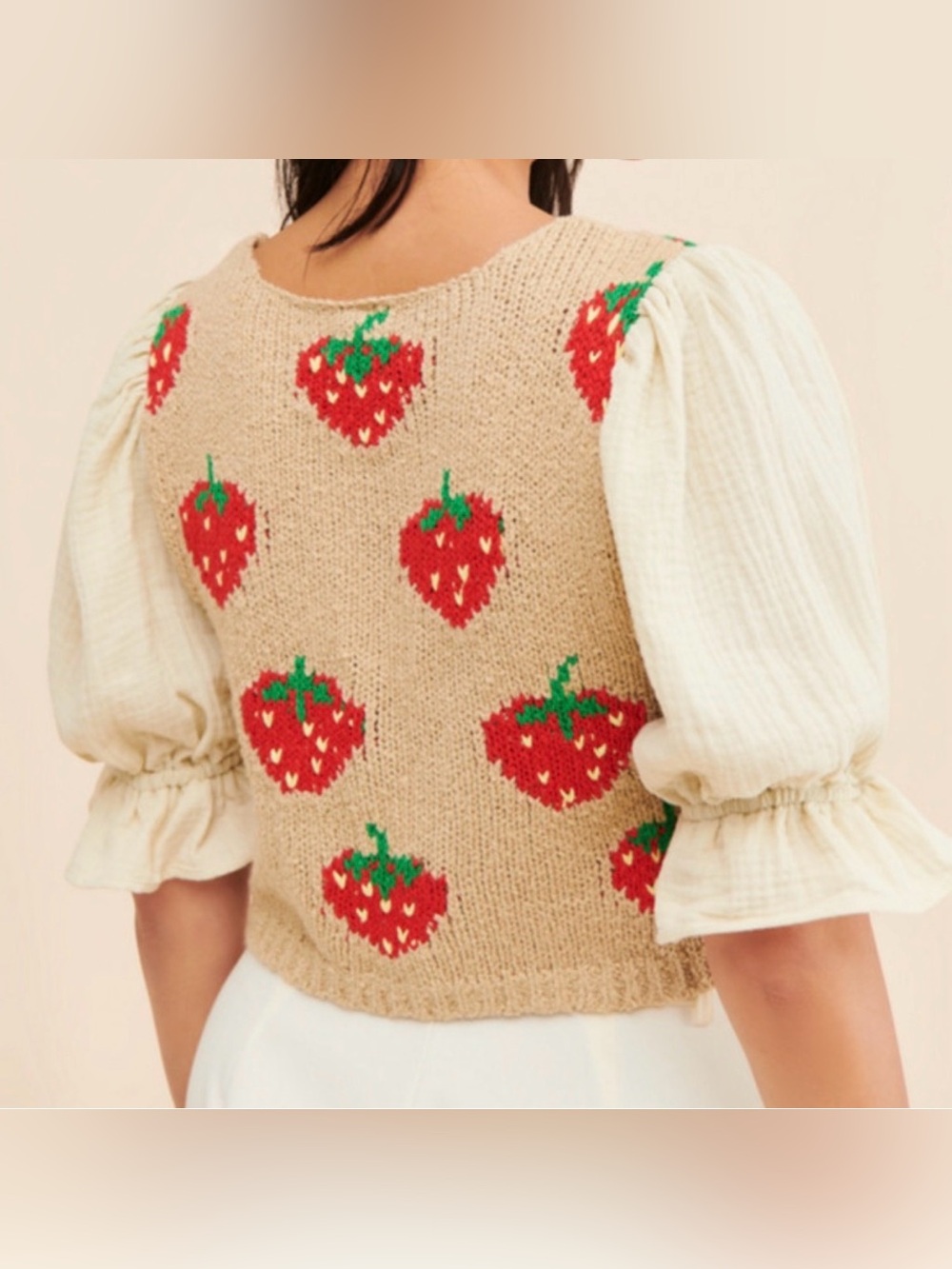 FREE PEOPLE Strawberry Jam Crop Top XS Puff Sleeve Knit Boho - Picture 3 of 16